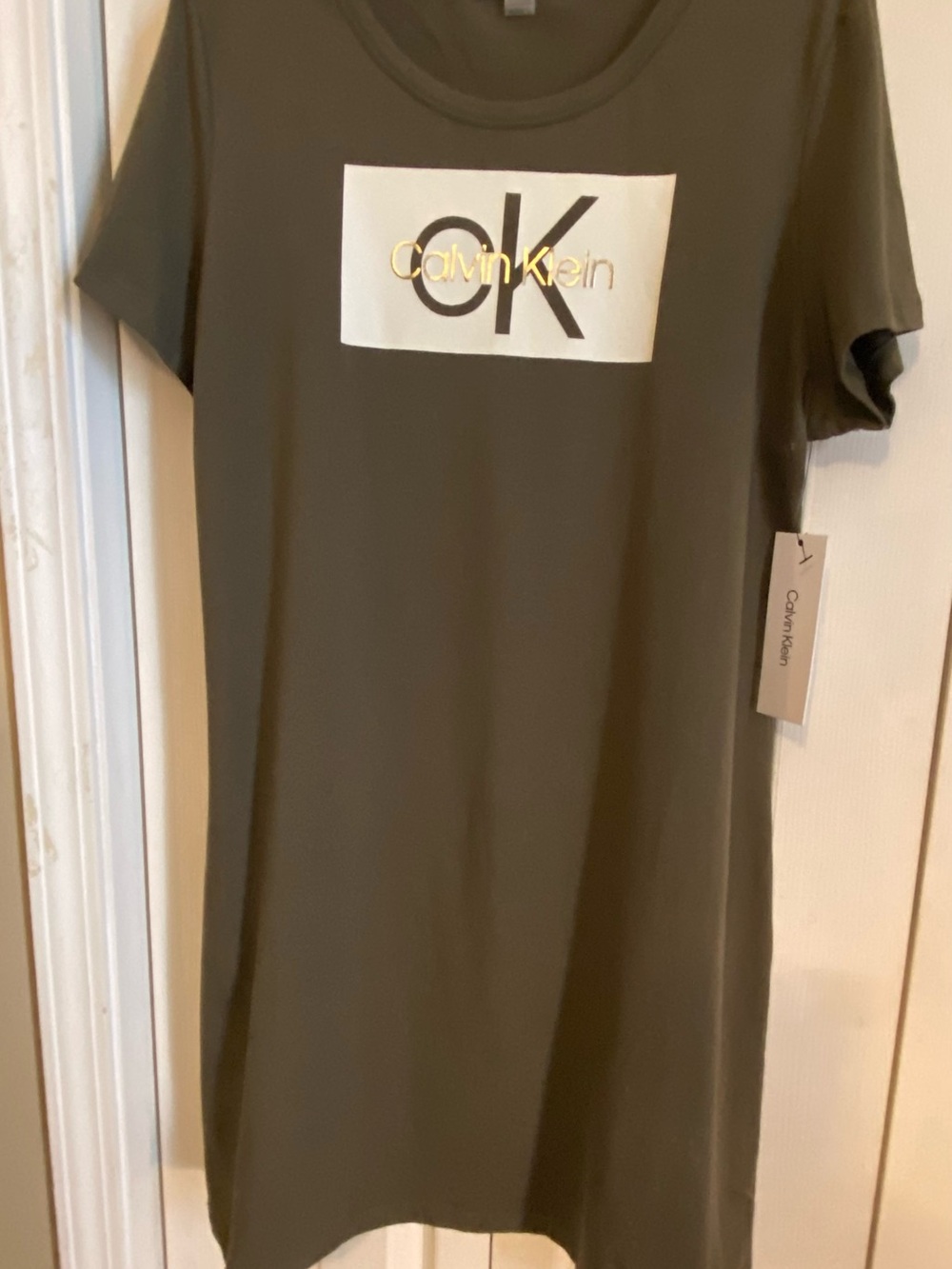 Calvin Klein Olive Green Short Sleeve Tee with White Logo Panel